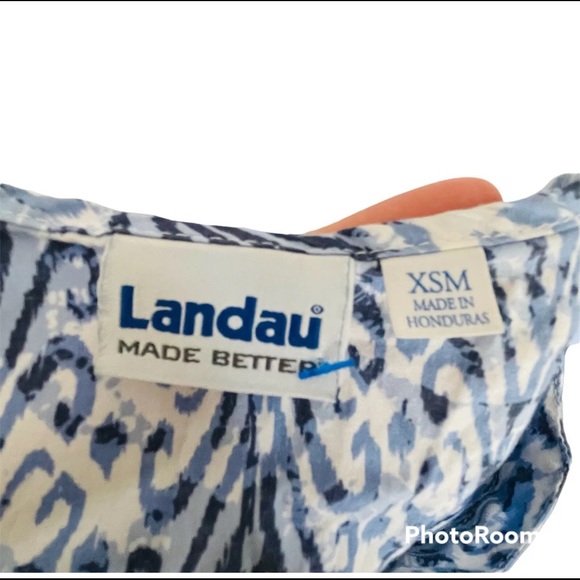 Landau Women’s XSM Ceil Blue White Navy Patterned Pocket V-Neck Scrub Top - Picture 2 of 5